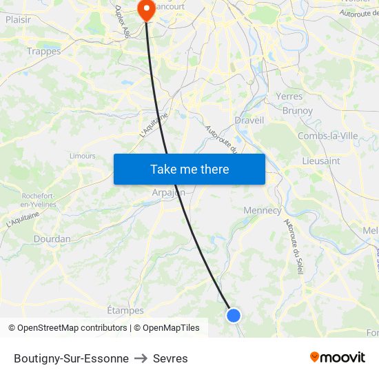 Boutigny-Sur-Essonne to Sevres map