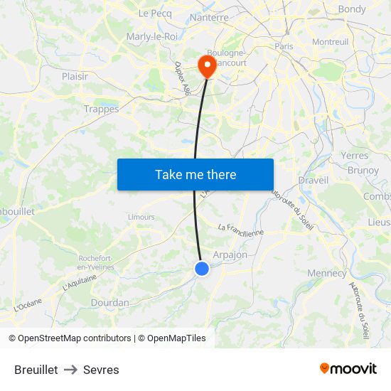 Breuillet to Sevres map