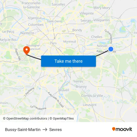 Bussy-Saint-Martin to Sevres map