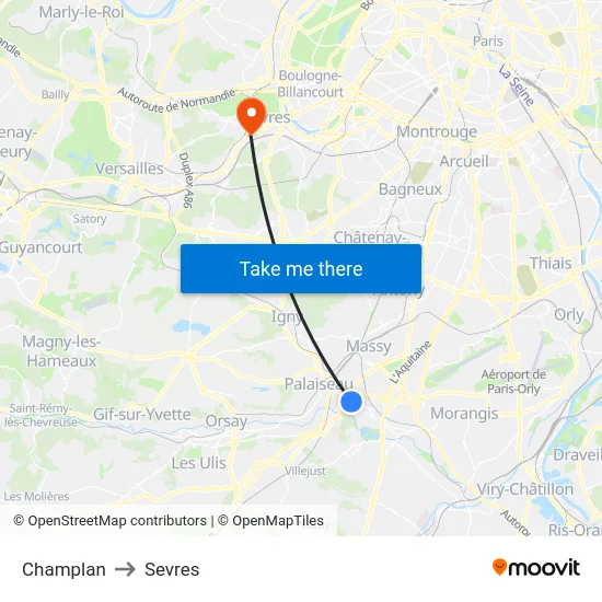 Champlan to Sevres map