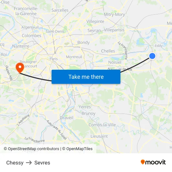 Chessy to Sevres map
