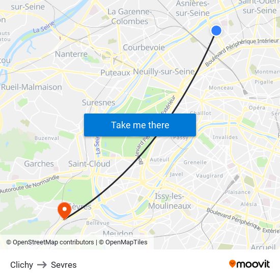 Clichy to Sevres map