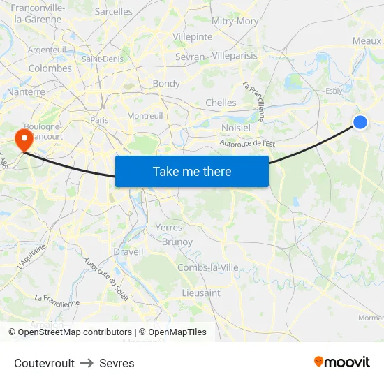 Coutevroult to Sevres map
