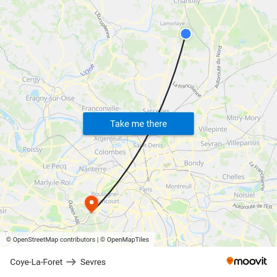 Coye-La-Foret to Sevres map