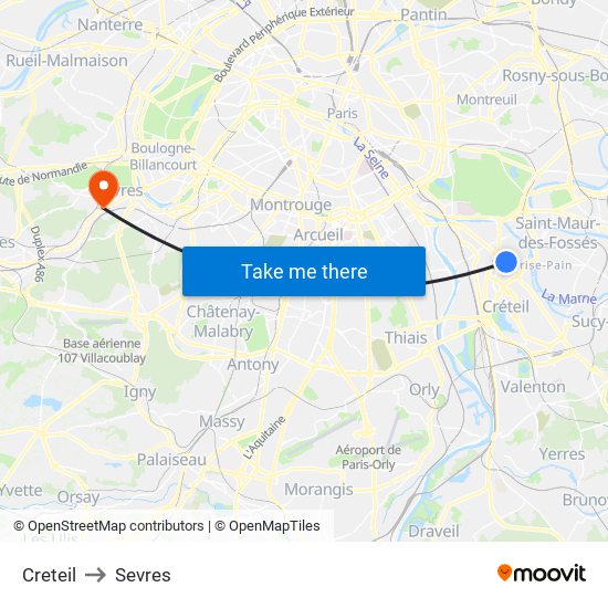 Creteil to Sevres map