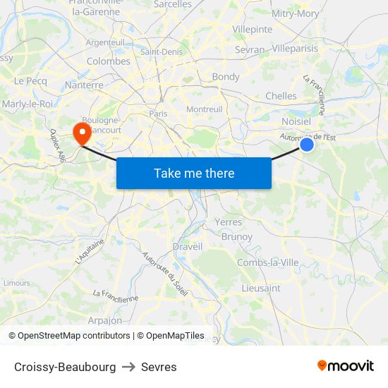 Croissy-Beaubourg to Sevres map