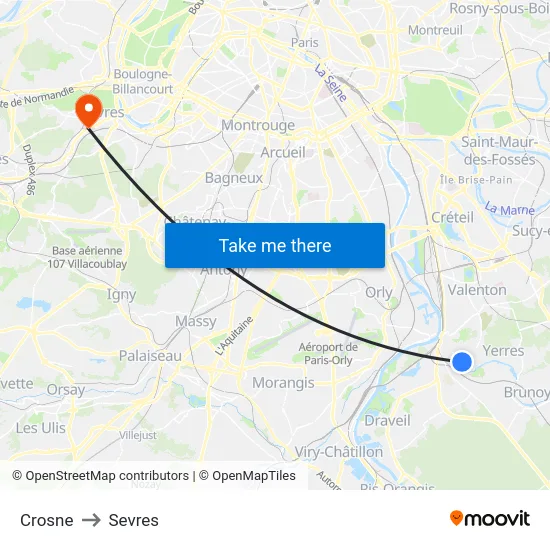Crosne to Sevres map