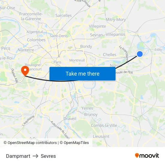 Dampmart to Sevres map