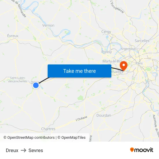 Dreux to Sevres map