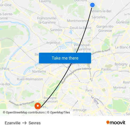 Ezanville to Sevres map