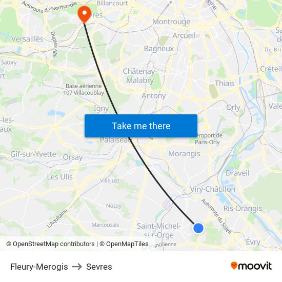 Fleury-Merogis to Sevres map