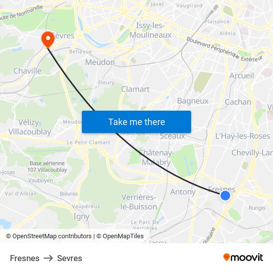 Fresnes to Sevres map