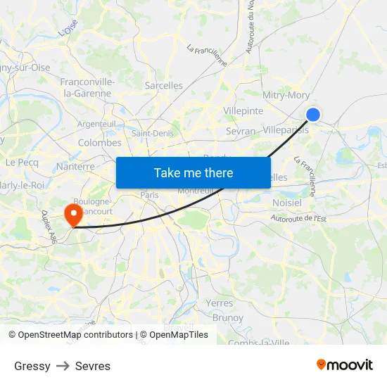 Gressy to Sevres map