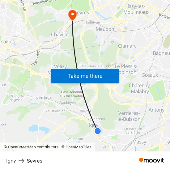 Igny to Sevres map