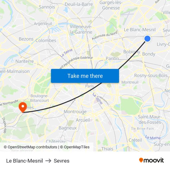 Le Blanc-Mesnil to Sevres map
