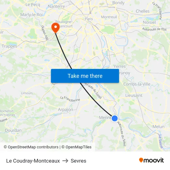 Le Coudray-Montceaux to Sevres map