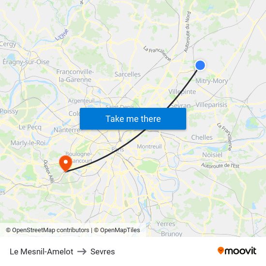 Le Mesnil-Amelot to Sevres map