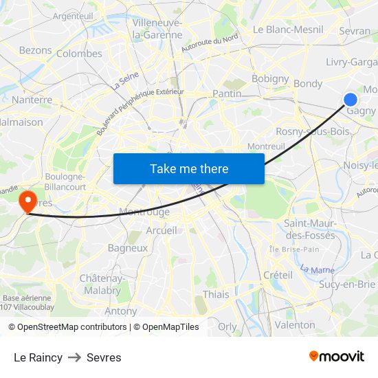 Le Raincy to Sevres map