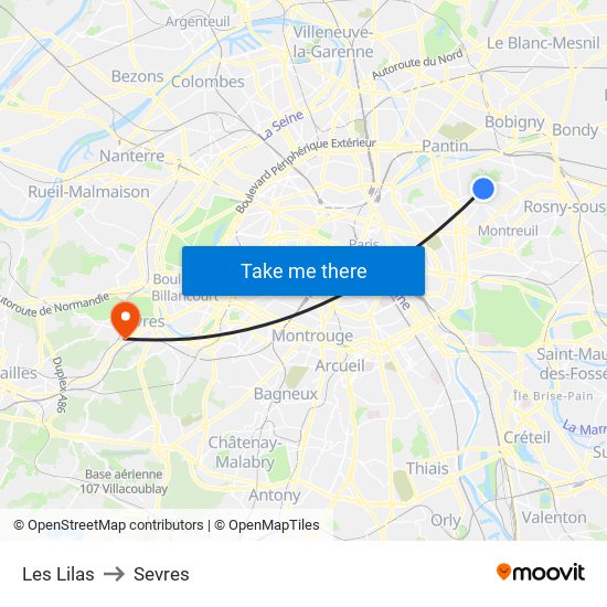 Les Lilas to Sevres map