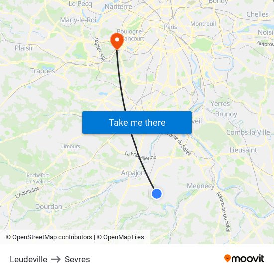 Leudeville to Sevres map