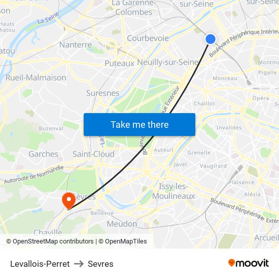 Levallois-Perret to Sevres map