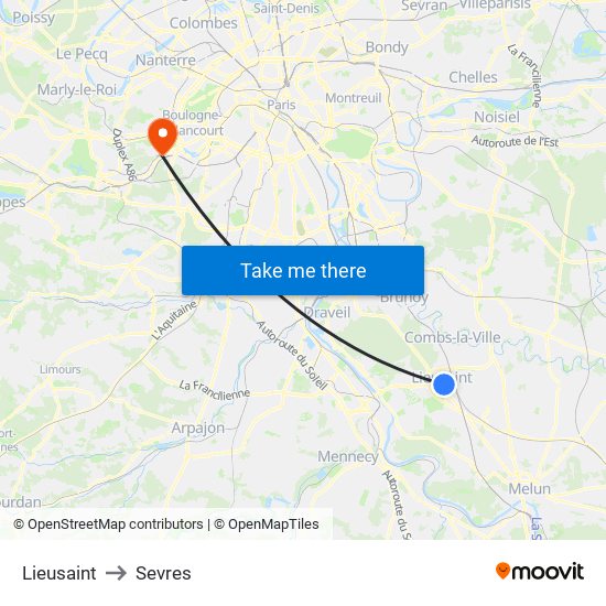 Lieusaint to Sevres map