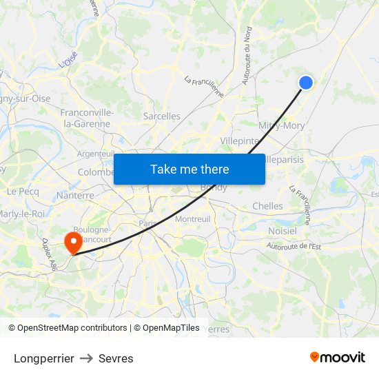 Longperrier to Sevres map