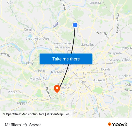 Maffliers to Sevres map