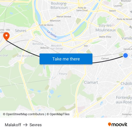 Malakoff to Sevres map