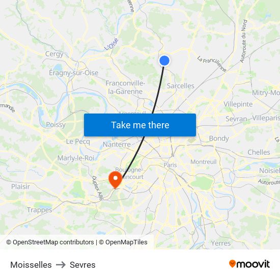 Moisselles to Sevres map