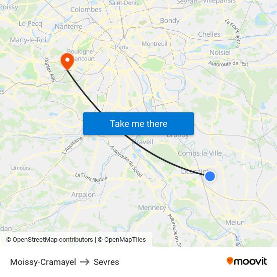 Moissy-Cramayel to Sevres map