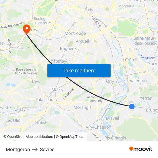 Montgeron to Sevres map