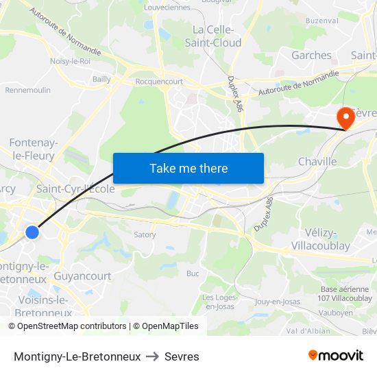 Montigny-Le-Bretonneux to Sevres map