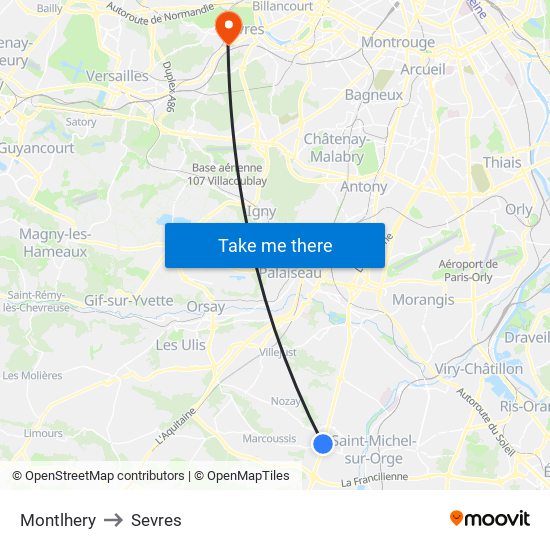 Montlhery to Sevres map