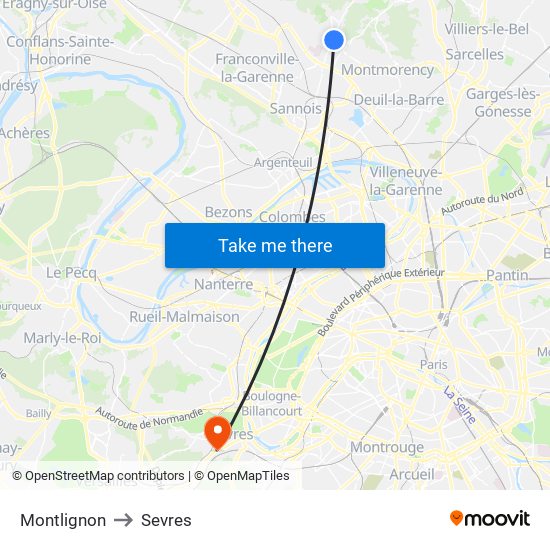 Montlignon to Sevres map