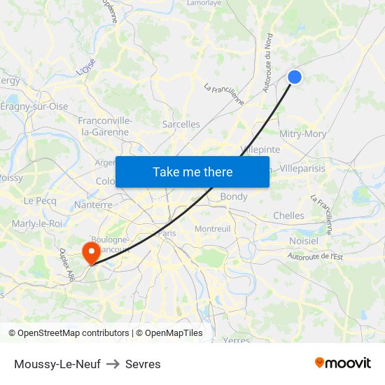 Moussy-Le-Neuf to Sevres map