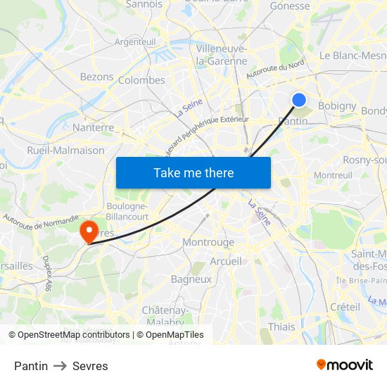Pantin to Sevres map