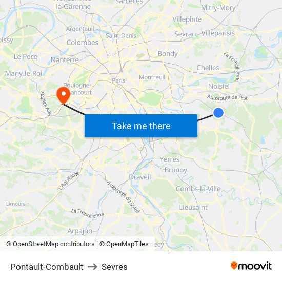 Pontault-Combault to Sevres map