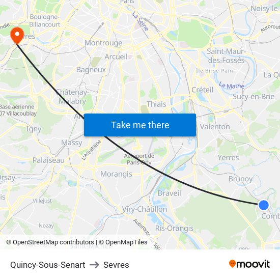 Quincy-Sous-Senart to Sevres map