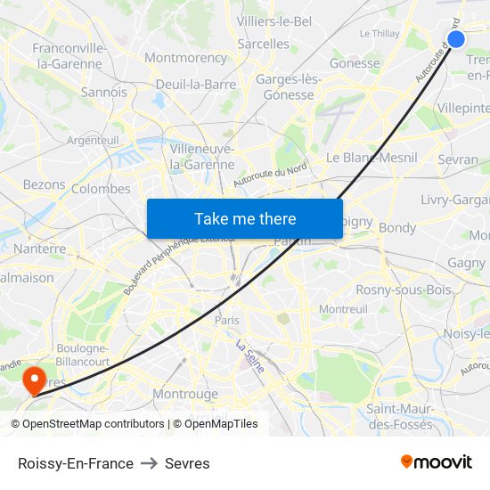 Roissy-En-France to Sevres map