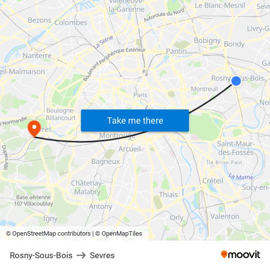 Rosny-Sous-Bois to Sevres map