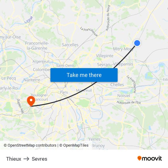 Thieux to Sevres map