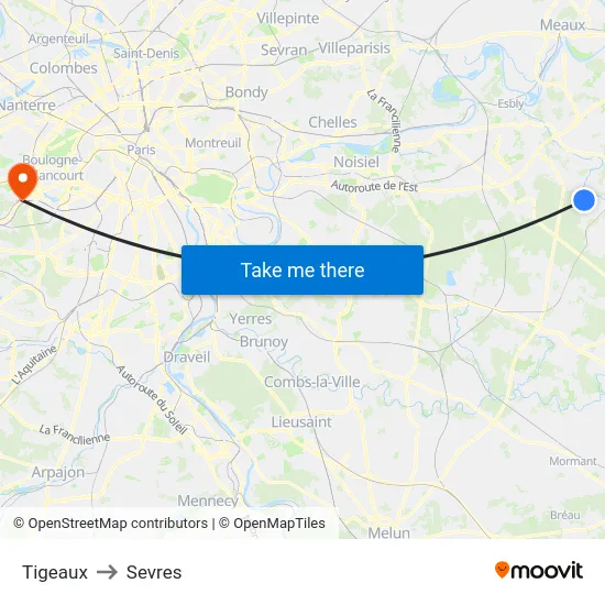 Tigeaux to Sevres map