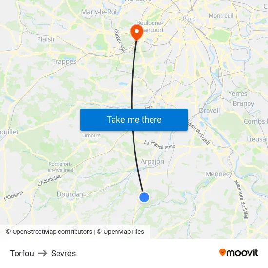 Torfou to Sevres map