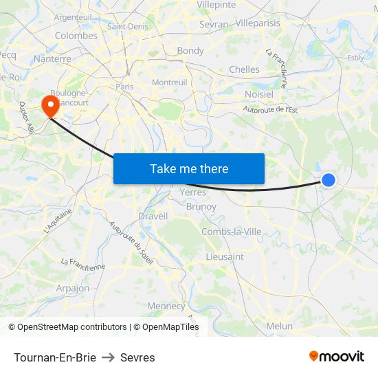Tournan-En-Brie to Sevres map