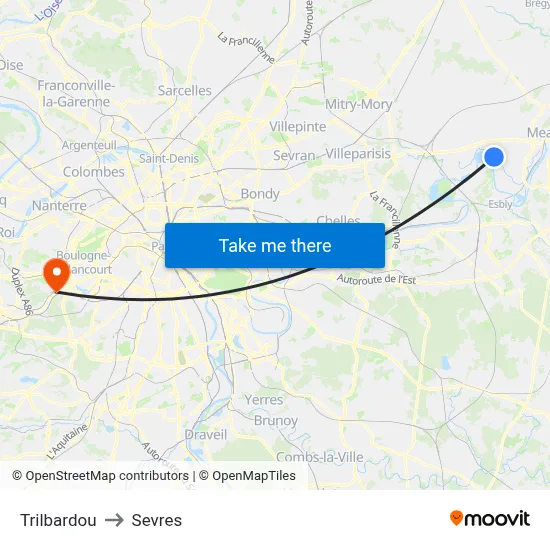 Trilbardou to Sevres map