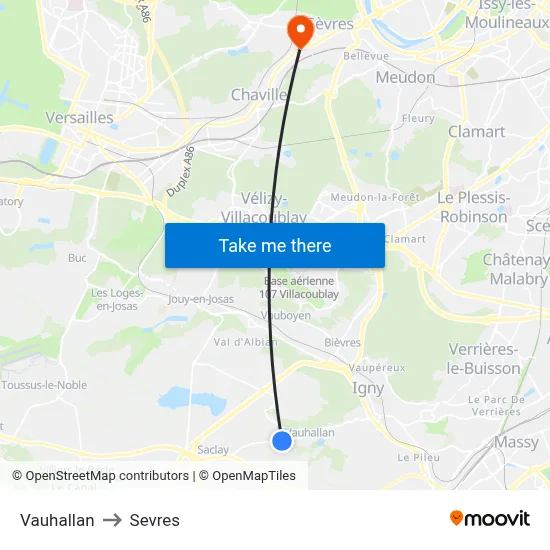 Vauhallan to Sevres map