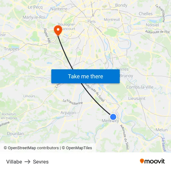Villabe to Sevres map