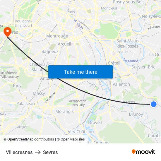 Villecresnes to Sevres map