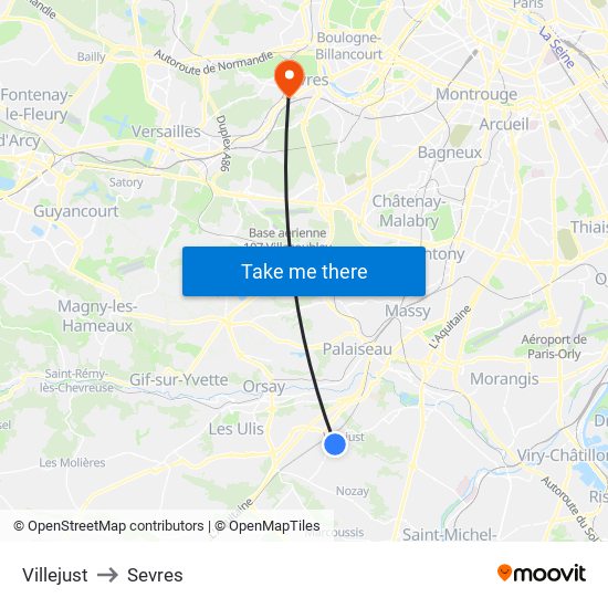 Villejust to Sevres map